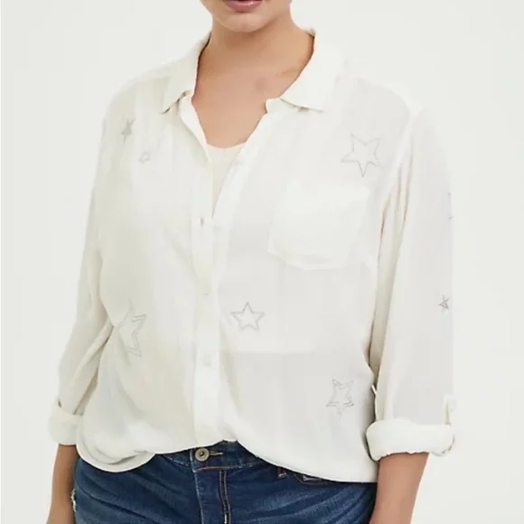 Torrid Taylor White button down shirt with embroidered silver stars Size 2X - Picture 2 of 11